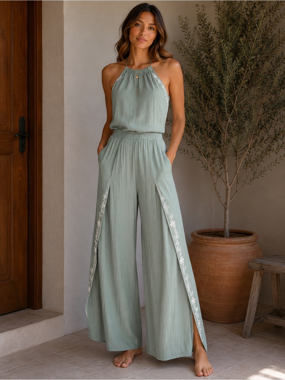 Earthbound Trading Co. green embroidered halter jumpsuit bohemian-style xl